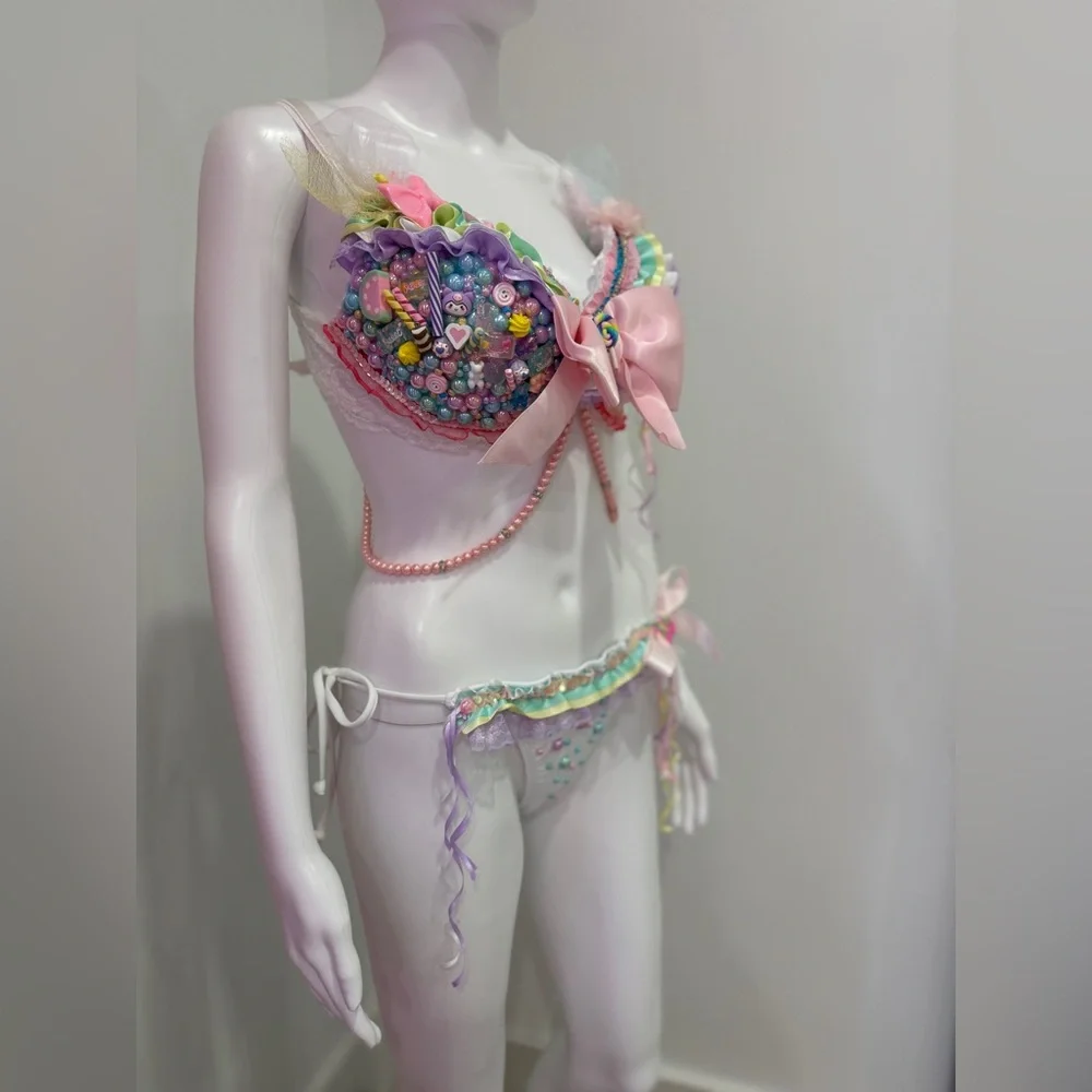 Candy Rave Festival Costume Bra Set D-DD, XS thong - Picture 1 of 12
